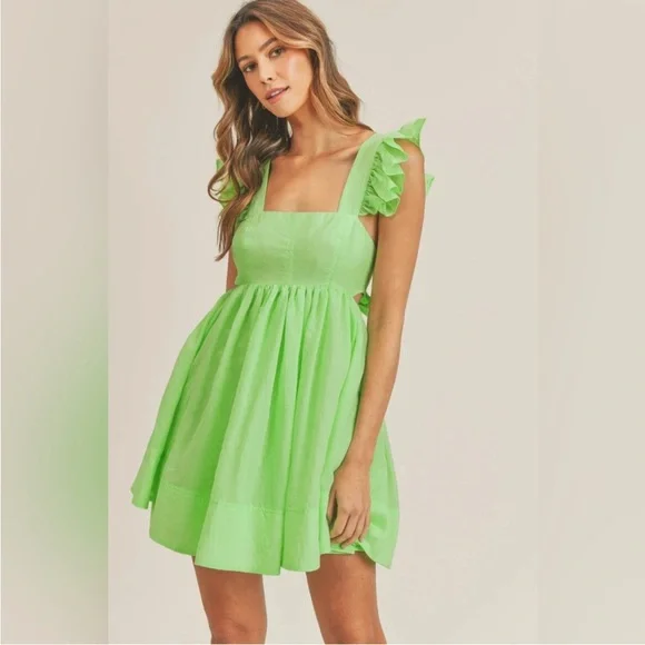 Mable Bright Green Ruffle Criss Cross Mini Dress Size Small Mable - Picture 4 of 10